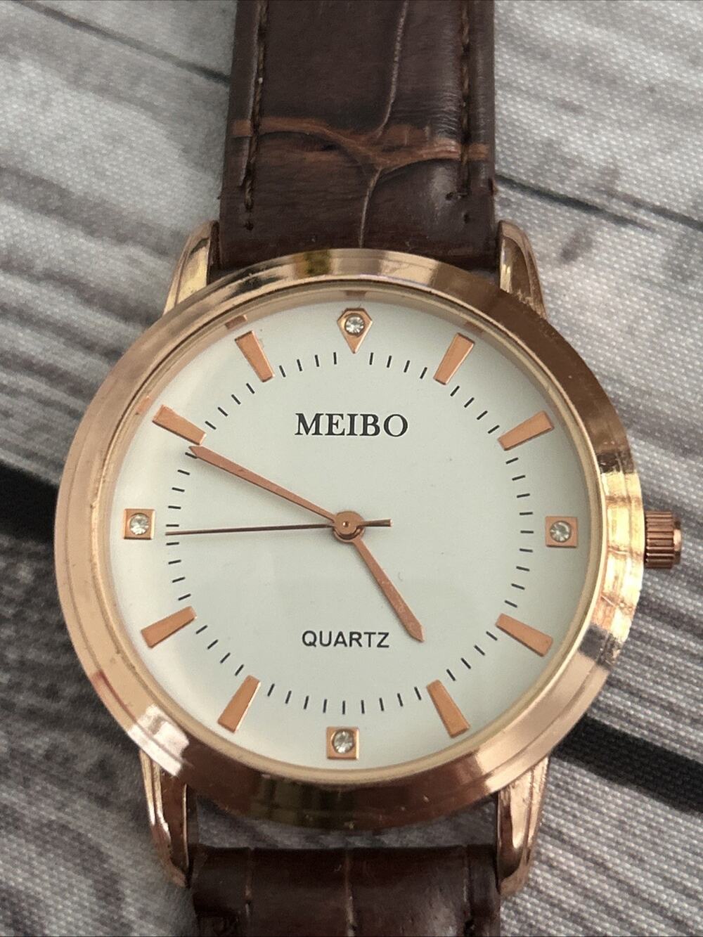 Meibo Rose Gold Tone Brown Band Quartz Watch